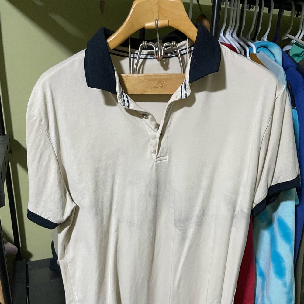 Men’s Day & Age polo shirt cream colored with navy accents